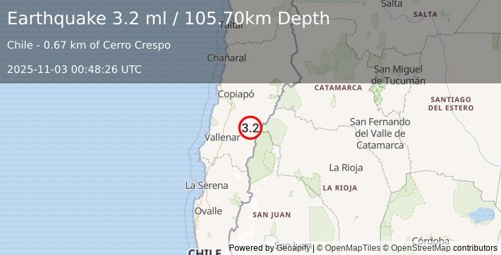 Earthquake ATACAMA, CHILE (3.2 ml) (2025-11-03 00:48:26 UTC)