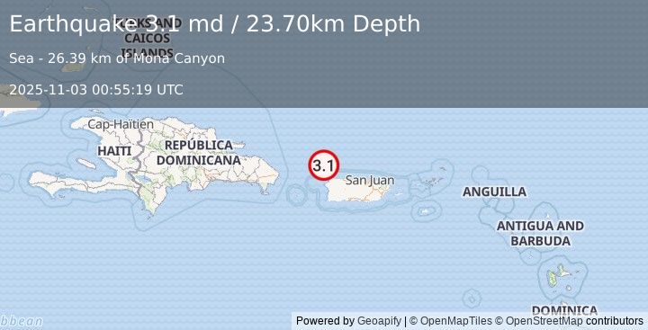 Earthquake PUERTO RICO REGION (3.1 md) (2025-11-03 00:55:19 UTC)