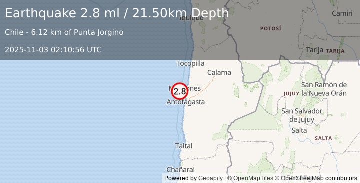 Earthquake OFFSHORE ANTOFAGASTA, CHILE (2.8 ml) (2025-11-03 02:10:56 UTC)