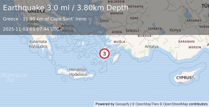 Earthquake DODECANESE IS.-TURKEY BORDER REG (2.2 ml) (2025-11-03 03:07:44 UTC)