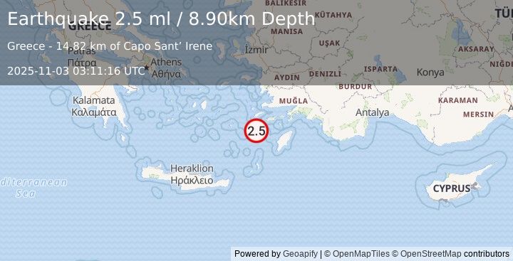 Earthquake DODECANESE IS.-TURKEY BORDER REG (2.2 ml) (2025-11-03 03:11:15 UTC)