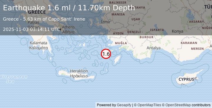 Earthquake DODECANESE IS.-TURKEY BORDER REG (1.6 ml) (2025-11-03 03:14:13 UTC)