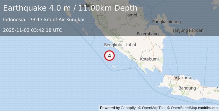 Earthquake SOUTHERN SUMATRA, INDONESIA (4.0 m) (2025-11-03 03:42:18 UTC)