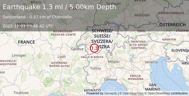 Earthquake SWITZERLAND (1.3 ml) (2025-11-03 03:46:42 UTC)