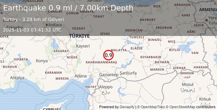 Earthquake CENTRAL TURKEY (0.9 ml) (2025-11-03 03:41:52 UTC)