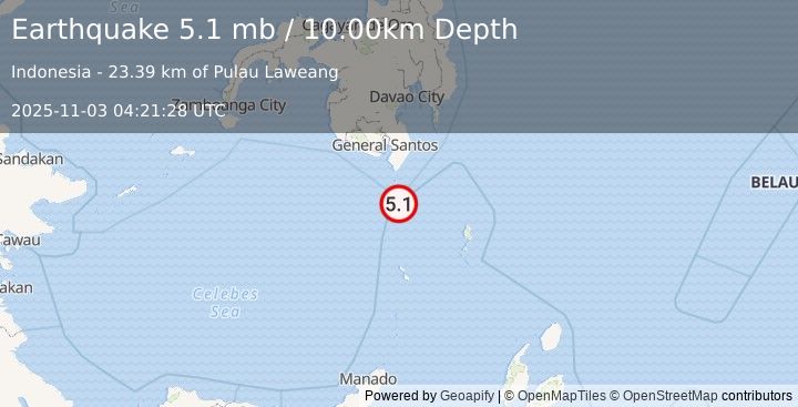 Earthquake KEPULAUAN SANGIHE, INDONESIA (5.3 mw) (2025-11-03 04:21:26 UTC)