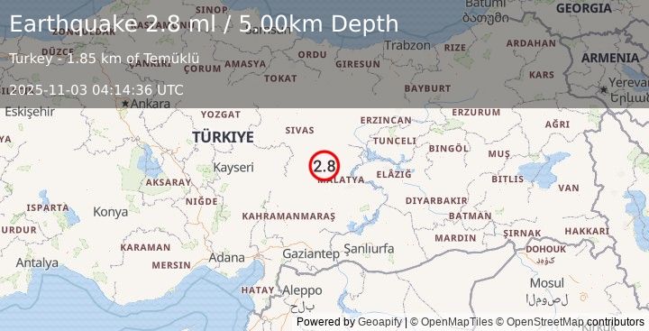 Earthquake CENTRAL TURKEY (2.8 ml) (2025-11-03 04:14:36 UTC)