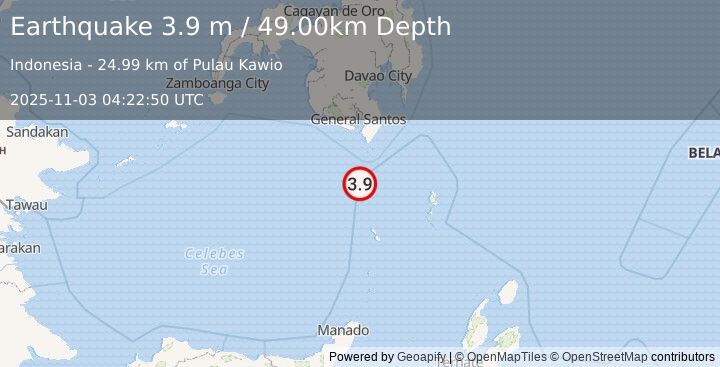 Earthquake KEPULAUAN SANGIHE, INDONESIA (3.9 m) (2025-11-03 04:22:50 UTC)