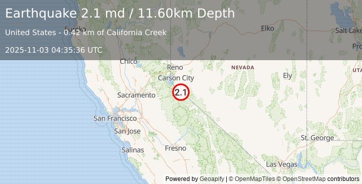 Earthquake CENTRAL CALIFORNIA (2.1 md) (2025-11-03 04:35:36 UTC)