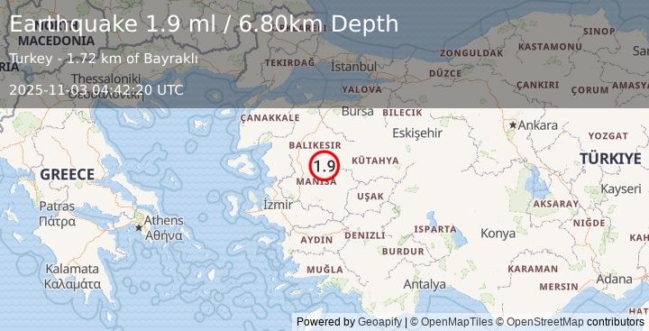 Earthquake WESTERN TURKEY (1.9 ml) (2025-11-03 04:42:19 UTC)