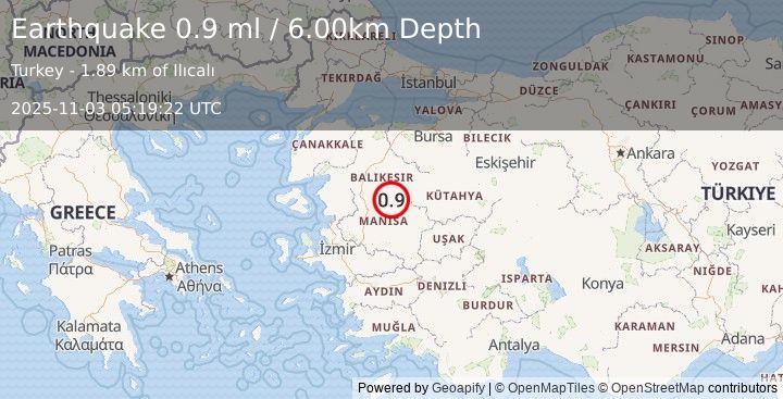 Earthquake WESTERN TURKEY (0.9 ml) (2025-11-03 05:19:22 UTC)