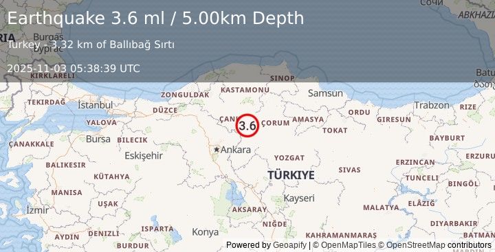 Earthquake CENTRAL TURKEY (3.5 ml) (2025-11-03 05:38:40 UTC)