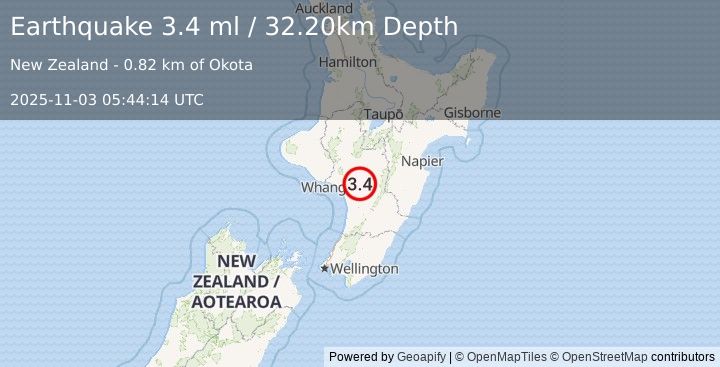 Earthquake NORTH ISLAND OF NEW ZEALAND (3.4 ml) (2025-11-03 05:44:14 UTC)