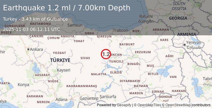 Earthquake EASTERN TURKEY (1.2 ml) (2025-11-03 06:12:11 UTC)