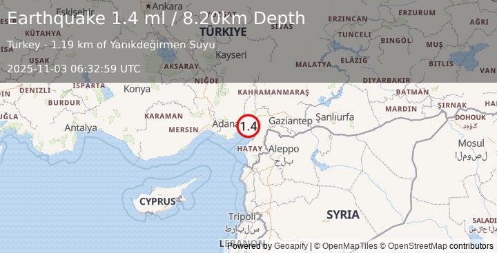 Earthquake TURKEY-SYRIA BORDER REGION (1.4 ml) (2025-11-03 06:32:59 UTC)