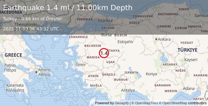 Earthquake WESTERN TURKEY (1.4 ml) (2025-11-03 06:43:30 UTC)