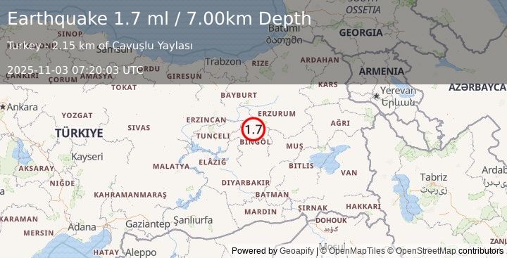 Earthquake EASTERN TURKEY (1.8 ml) (2025-11-03 07:20:00 UTC)