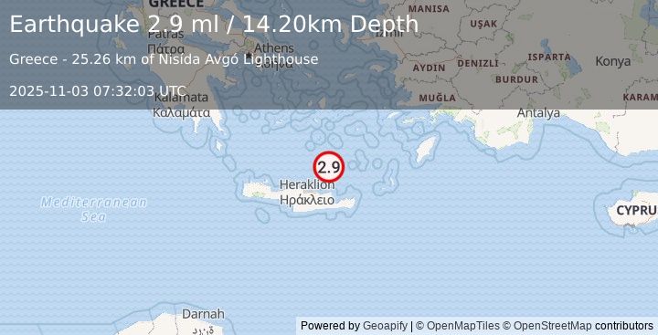 Earthquake CRETE, GREECE (2.9 ml) (2025-11-03 07:32:02 UTC)