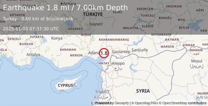 Earthquake TURKEY-SYRIA BORDER REGION (1.8 ml) (2025-11-03 07:37:30 UTC)