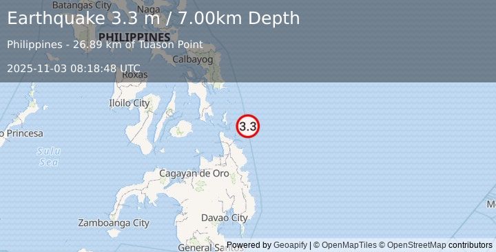 Earthquake MINDANAO, PHILIPPINES (3.3 m) (2025-11-03 08:18:48 UTC)