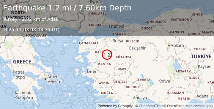 Earthquake WESTERN TURKEY (1.2 ml) (2025-11-03 08:08:35 UTC)