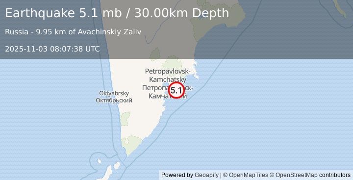 Earthquake OFF EAST COAST OF KAMCHATKA (5.1 mb) (2025-11-03 08:07:38 UTC)