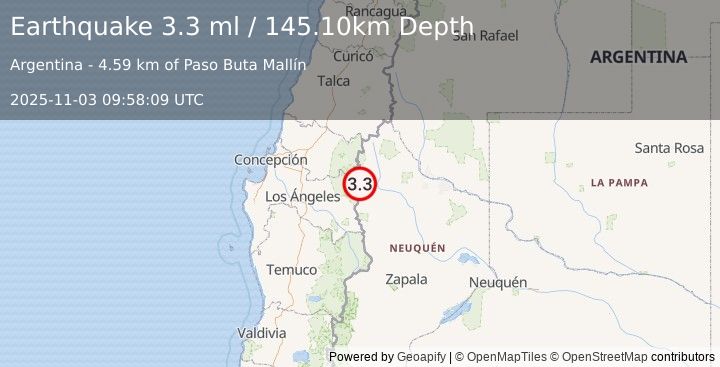 Earthquake NEUQUEN, ARGENTINA (3.3 ml) (2025-11-03 09:58:09 UTC)