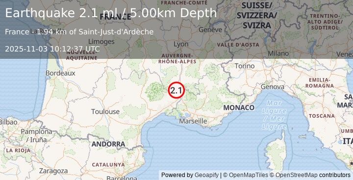 Earthquake FRANCE (2.1 ml) (2025-11-03 10:12:37 UTC)