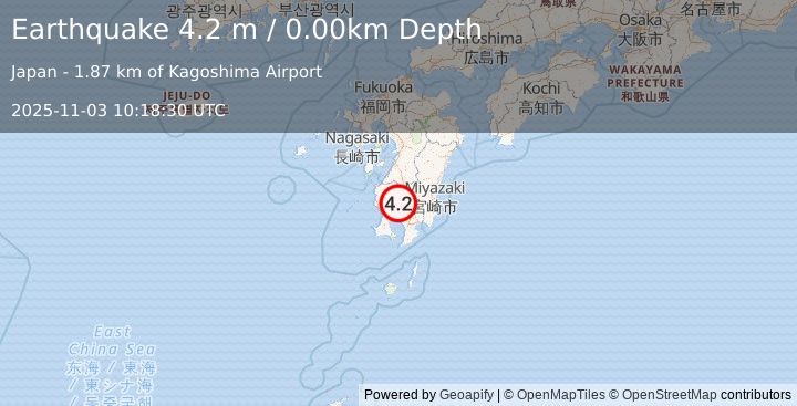 Earthquake KYUSHU, JAPAN (4.2 m) (2025-11-03 10:18:30 UTC)