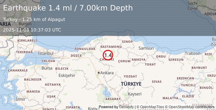 Earthquake CENTRAL TURKEY (1.4 ml) (2025-11-03 10:37:03 UTC)