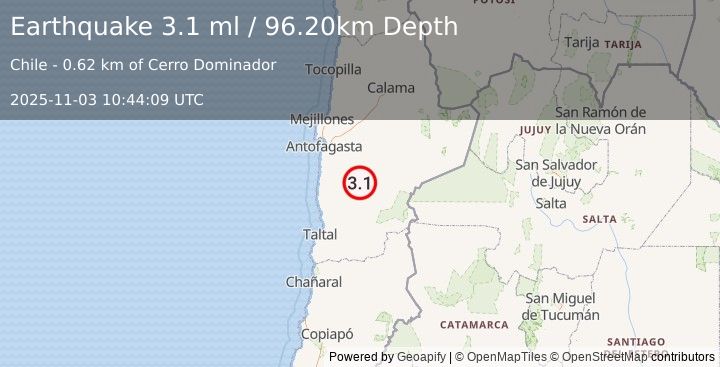 Earthquake ANTOFAGASTA, CHILE (3.1 ml) (2025-11-03 10:44:09 UTC)