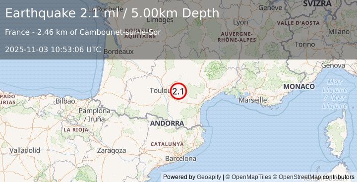 Earthquake FRANCE (2.1 ml) (2025-11-03 10:53:06 UTC)