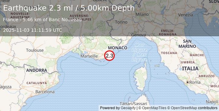 Earthquake NEAR SOUTH COAST OF FRANCE (2.3 ml) (2025-11-03 11:11:59 UTC)