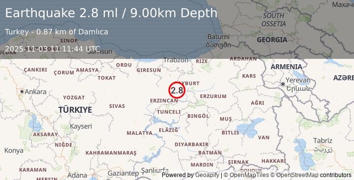 Earthquake EASTERN TURKEY (2.8 ml) (2025-11-03 11:11:45 UTC)