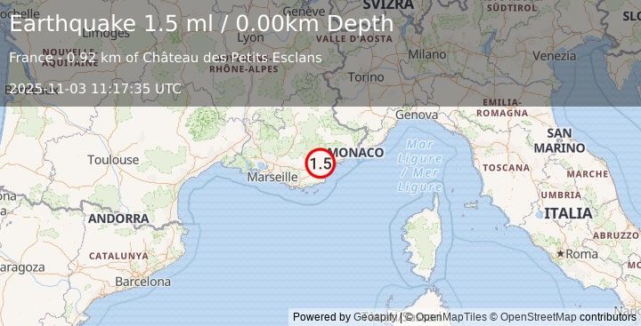Earthquake NEAR SOUTH COAST OF FRANCE (1.5 ml) (2025-11-03 11:17:35 UTC)