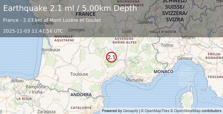 Earthquake FRANCE (2.1 ml) (2025-11-03 11:41:56 UTC)