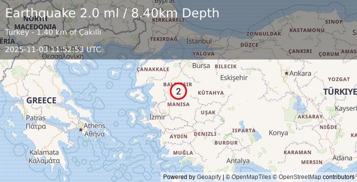 Earthquake WESTERN TURKEY (2.0 ml) (2025-11-03 11:52:53 UTC)