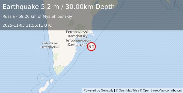 Earthquake OFF EAST COAST OF KAMCHATKA (5.2 m) (2025-11-03 11:56:11 UTC)