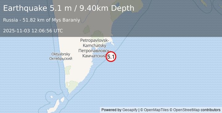 Earthquake OFF EAST COAST OF KAMCHATKA (5.1 m) (2025-11-03 12:07:02 UTC)