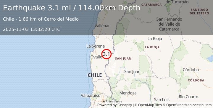 Earthquake COQUIMBO, CHILE (3.1 ml) (2025-11-03 13:32:20 UTC)