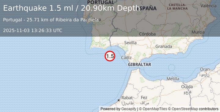 Earthquake STRAIT OF GIBRALTAR (1.5 ml) (2025-11-03 13:26:33 UTC)