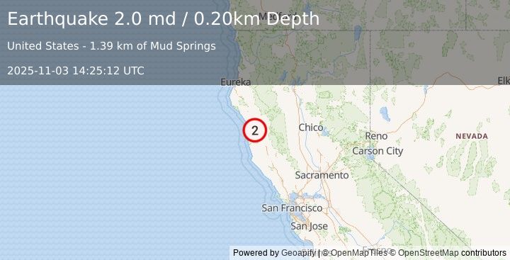 Earthquake NORTHERN CALIFORNIA (2.0 md) (2025-11-03 14:25:12 UTC)