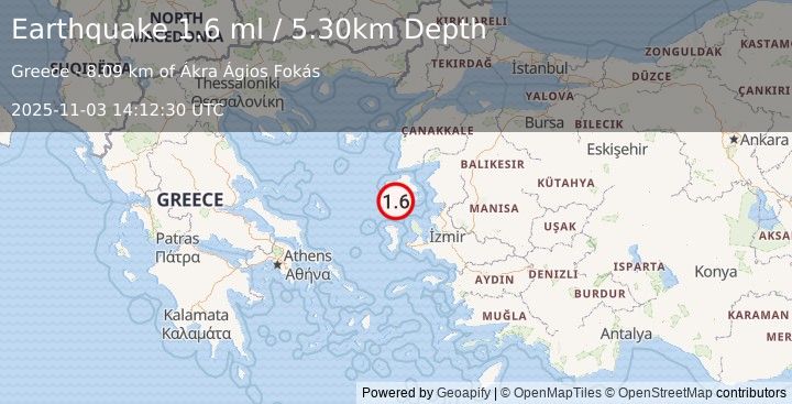 Earthquake NEAR THE COAST OF WESTERN TURKEY (1.6 ml) (2025-11-03 14:12:30 UTC)