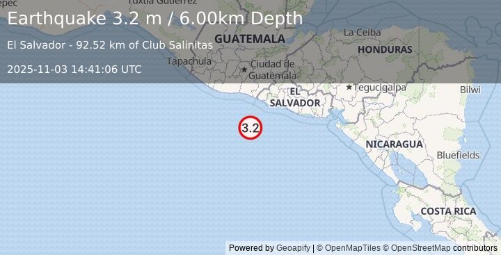 Earthquake OFFSHORE EL SALVADOR (3.2 m) (2025-11-03 14:41:06 UTC)