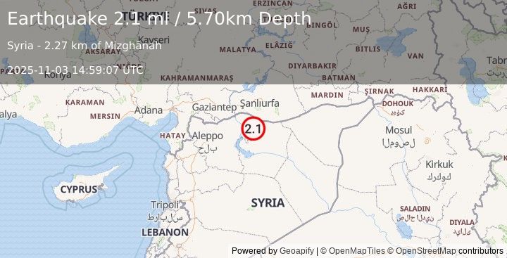 Earthquake TURKEY-SYRIA BORDER REGION (2.1 ml) (2025-11-03 14:59:07 UTC)