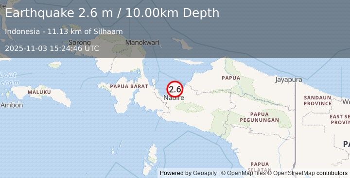 Earthquake NEAR N COAST OF PAPUA, INDONESIA (2.6 m) (2025-11-03 15:24:46 UTC)