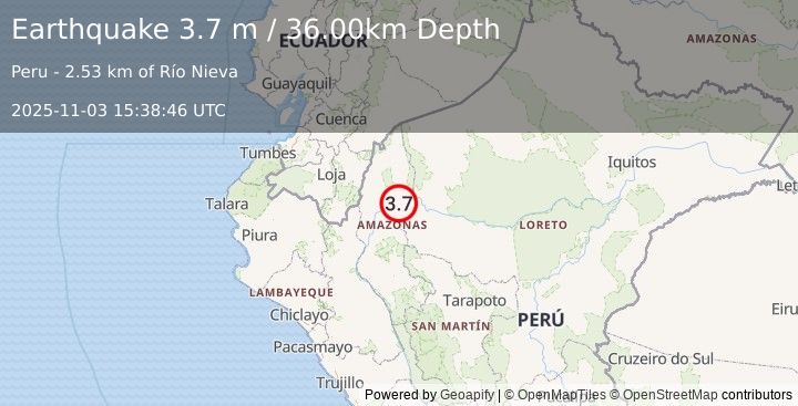 Earthquake NORTHERN PERU (3.7 m) (2025-11-03 15:38:46 UTC)