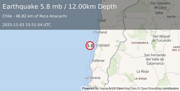 Earthquake OFFSHORE ATACAMA, CHILE (5.8 mb) (2025-11-03 15:51:54 UTC)