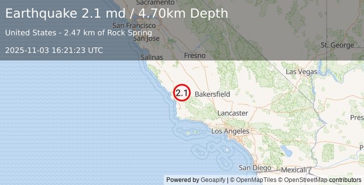 Earthquake CENTRAL CALIFORNIA (2.1 md) (2025-11-03 16:21:23 UTC)