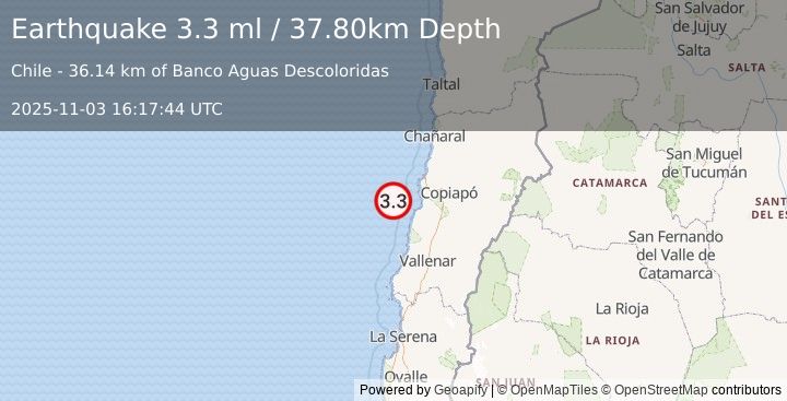 Earthquake OFFSHORE ATACAMA, CHILE (3.3 ml) (2025-11-03 16:17:44 UTC)